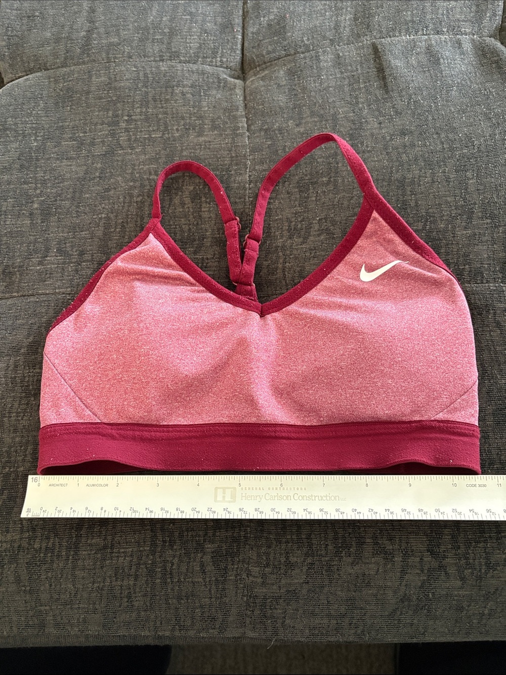 Nike Heathered Pink Sports Bra with Maroon Trim and White Swoosh